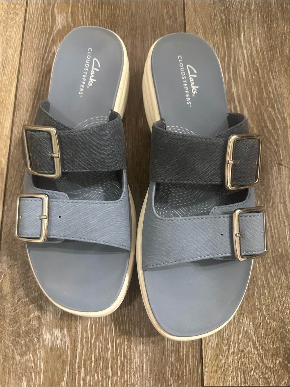 Clarks Cloudsteppers Two-Tone Lt Blue and Navy Double-Buckle Sandals